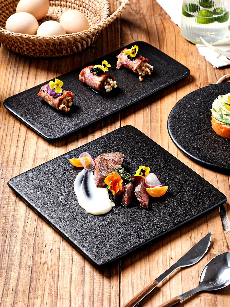 Elegant Nordic Matte Black Rectangular Steak Plate Dessert Presentation Western Diningware Flat Dish Scandinavian Style Porce...
