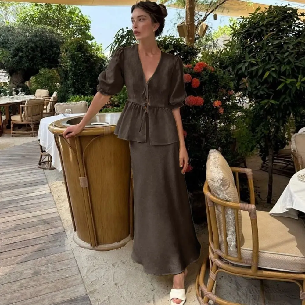 New V-Neck Women's Cotton Dresses Lace-Up Loose Two-Piece Dress Suit Casual Bubble Sleeve Shirt Women Dress Women