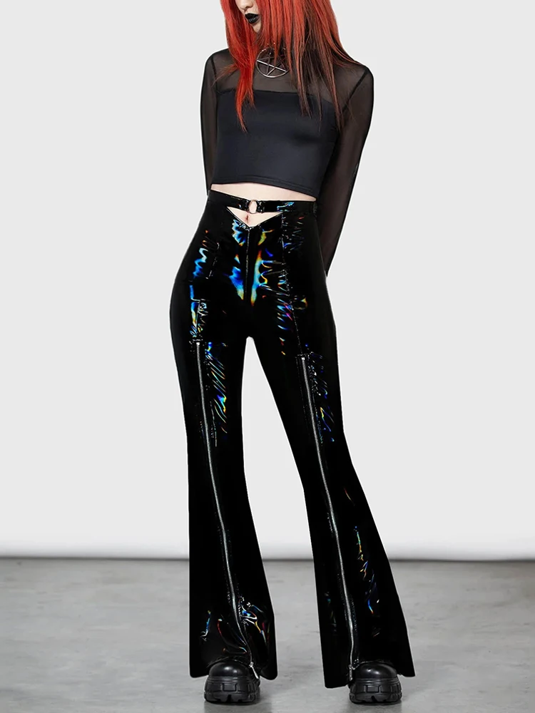 Women Sexy Front Zip Split Wide Leg Trousers High Waist Laser Faux Leather Flare Pants Fashion Slim Stretch Nightclub Custom