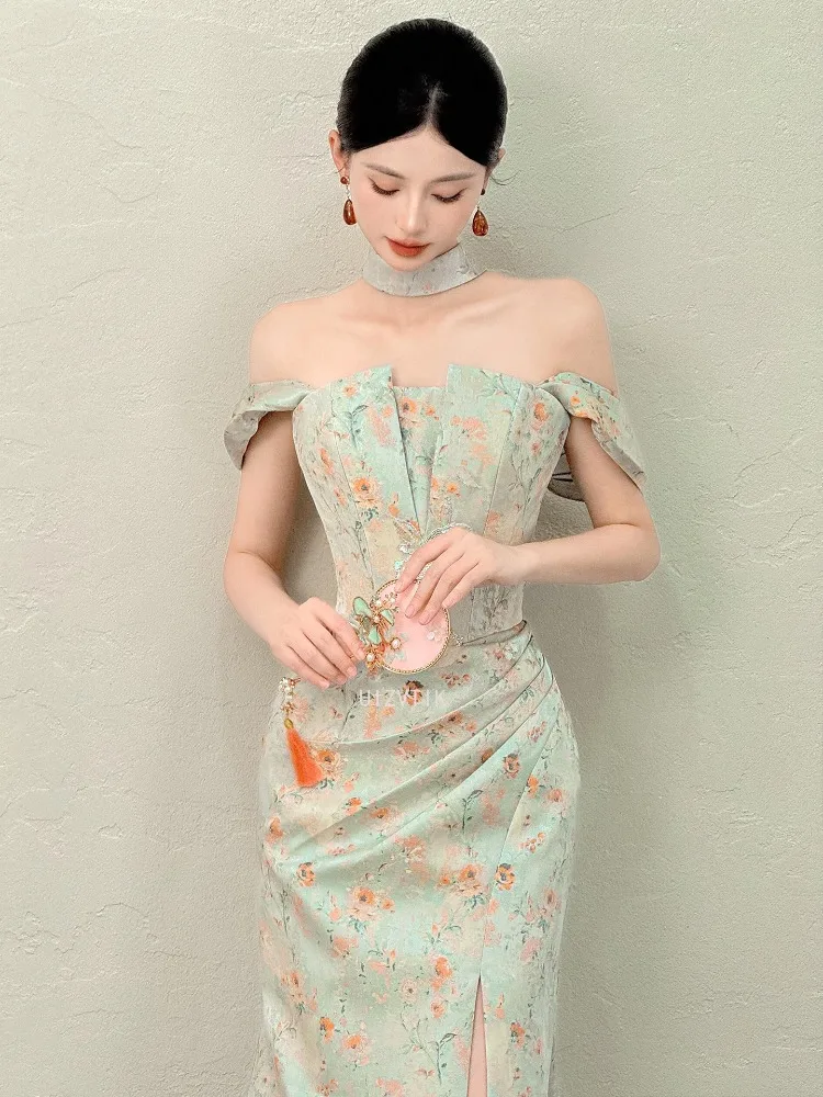 Elegancka sukienka wieczorowa z odkrytymi ramionami, w kwiaty, damska, syrenka, do ziemi, sukienki celebrytek, szyte na miarę, luksusowe, długie sukienki na studniówkę