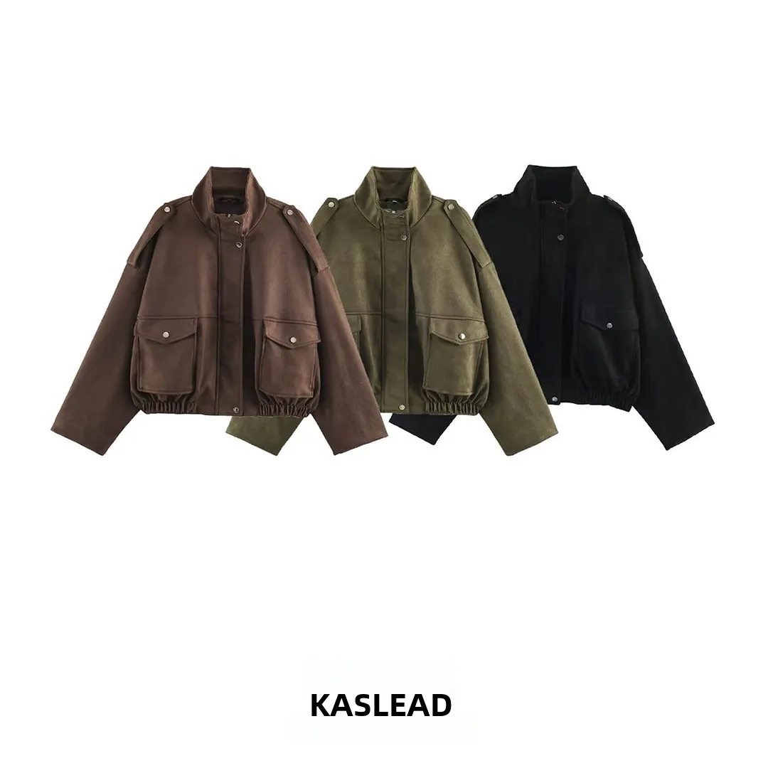 KASLEAD New Women's Fashion Windproof Faux Leather Pilot Jacket Long Sleeve Button Closure Polyester Fiber Autumn Season