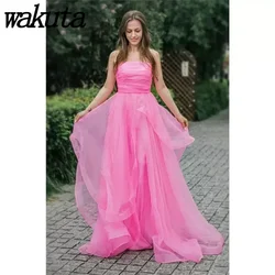 Wakuta Strapless Layered Ruffles Tulle Formal Prom Dresses 2024 Long A-Line Pleated Tube Evening Party Graduation Ceremony Gowns