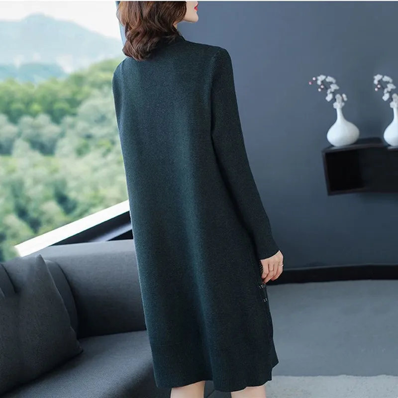 Oversize Women Knitting Dresses For Autumn Winter 2024 New Vintage  Loose Half High Pullover Patchwork Big Pockets Female Dress