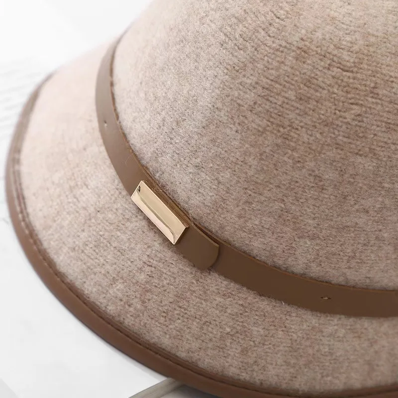 Simple wool fisherman hat female autumn and winter warm woolen woolen hat pu belt metal square buckle basin hat