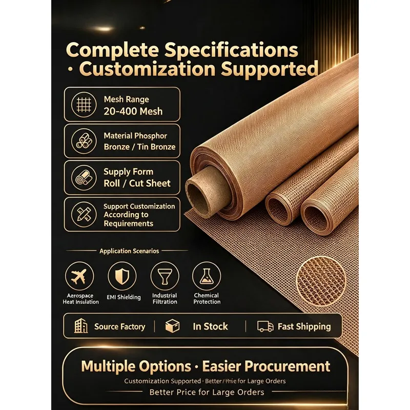 QSn6.5-0.4 Tin Bronze & Phosphor Bronze Mesh 2-400 Mesh EMI Shielding High Frequency Aerospace Heat Insulation Filtration Screen