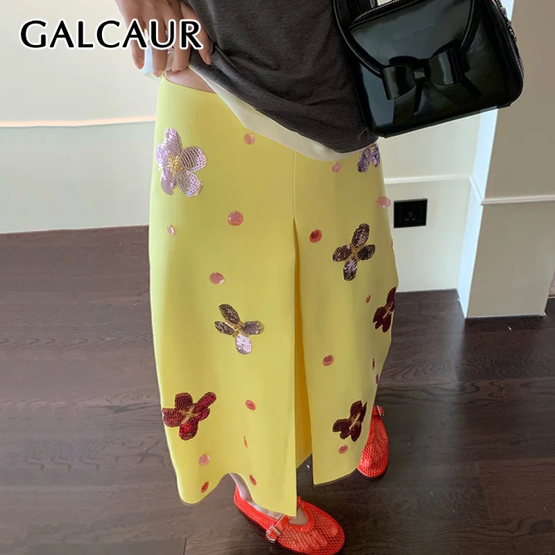 

GALCAUR Solid Embroidery Spliced Sequined Skirt For Women High Waist Patchwork Zipper Midi Skirts Female Autumn 2024 New Clothes