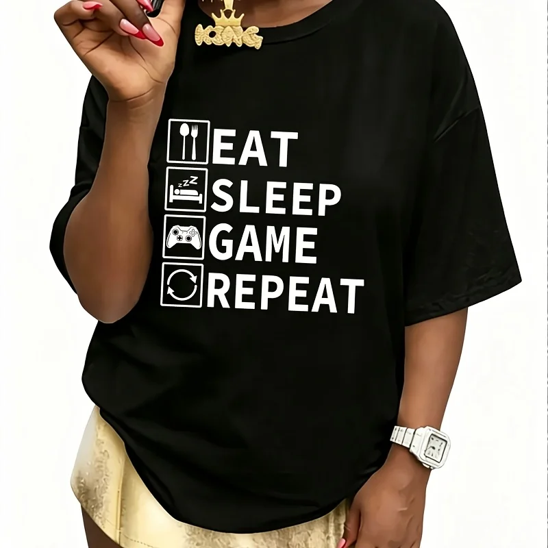 Eat Sleep Game Repeat Women's 100% Cotton T-Shirt Short Sleeve Top Casual Round Neck Fun Print Tee S-5Xl