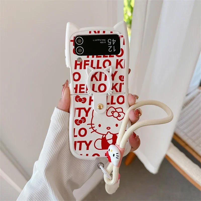 

Phone Case For Samsung Galaxy Z Flip 6 5 3D Cute Cartoon Sanrio Hello Kitty Soft Leather Cover For Z Flip 4 3 With Lanyard