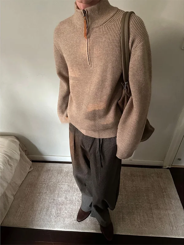 

New Wealthy Sle f Zipper Stand Collar Men's Sweater Cleanfit Versatile Autumn Winter Knitted High End Feeling Trendy