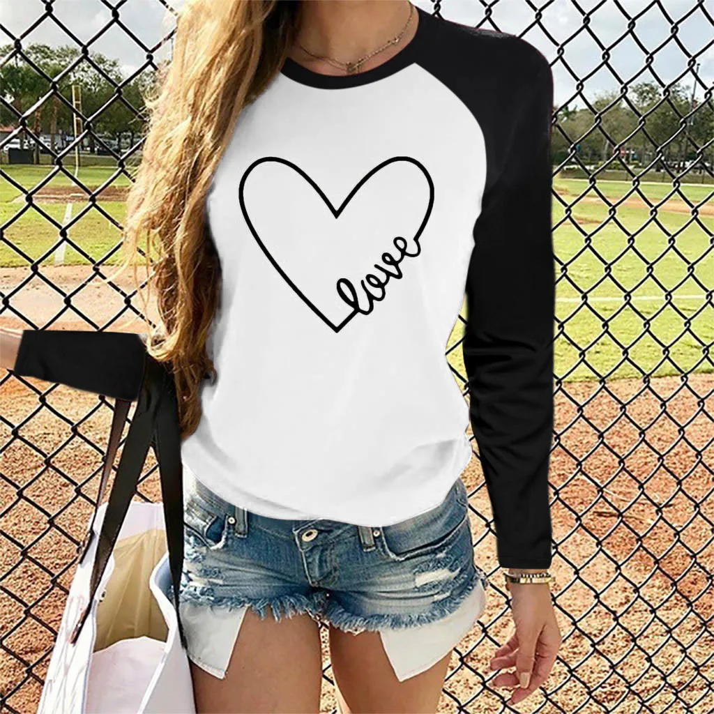 

Female Heart-shaped Print Pullover Long Sleeve Round Neck Valentine's Day Sweatshirt Color Blocking Fashion Casual Women's Top