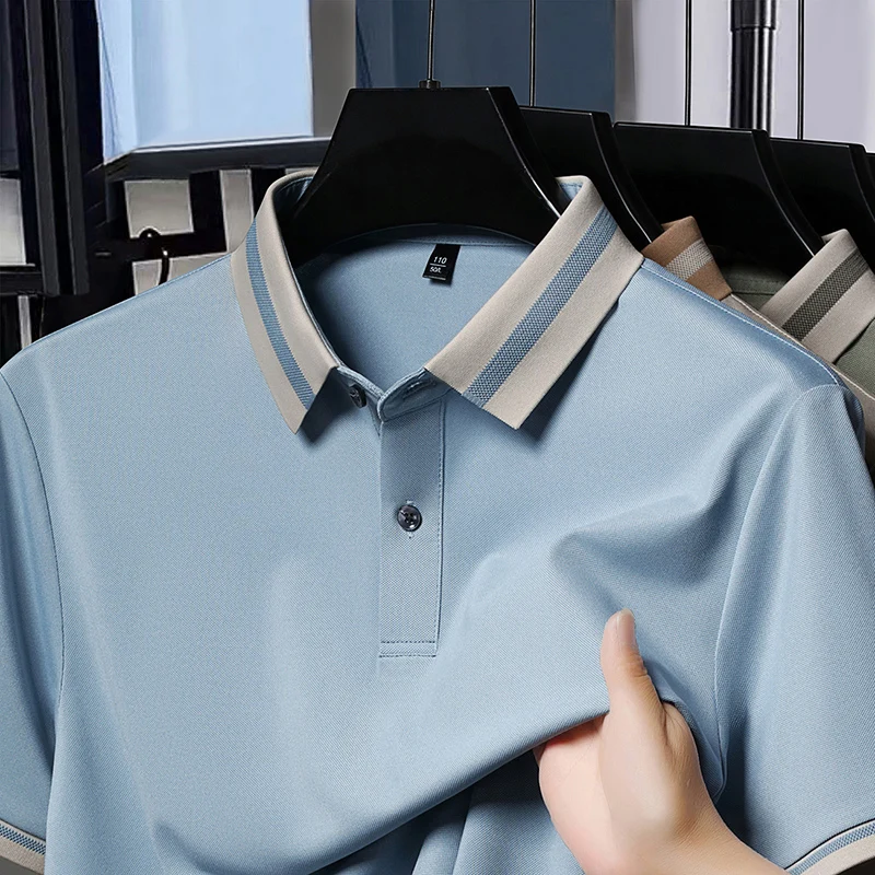 

Luxury fashion men's short sleeve polo shirt ice silk cool breathable summer lightweight personality color blocked lapel T-shirt