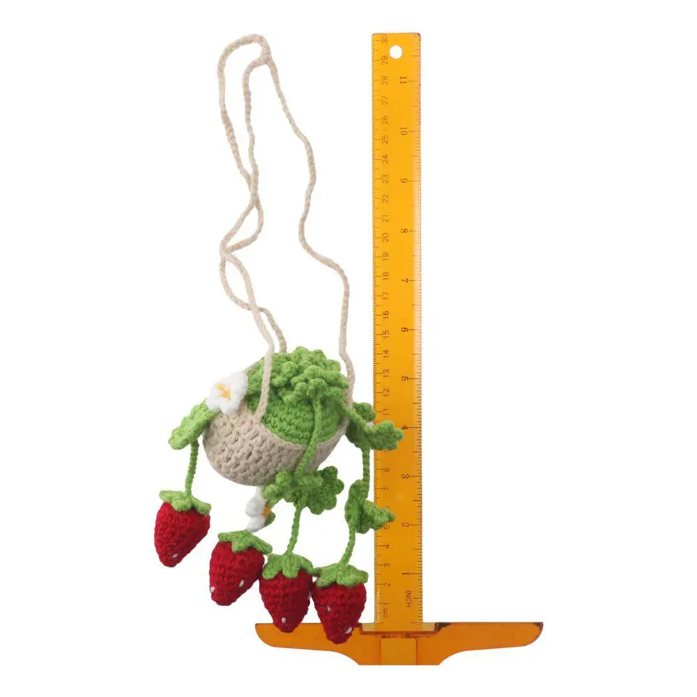 Red Strawberry and Green Leaf Car Hanging Ornament Handmade Knitted Cotton Yarn Crochet Plant Rear View Mirror Pendant