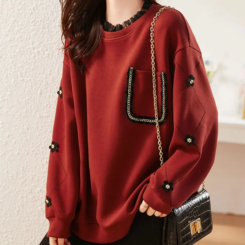 Fashion Beading Gauze Spliced Sweatshirts 2024 Autumn Winter Fake Two Pieces Female Clothing Casual Round Neck Pockets Pullovers