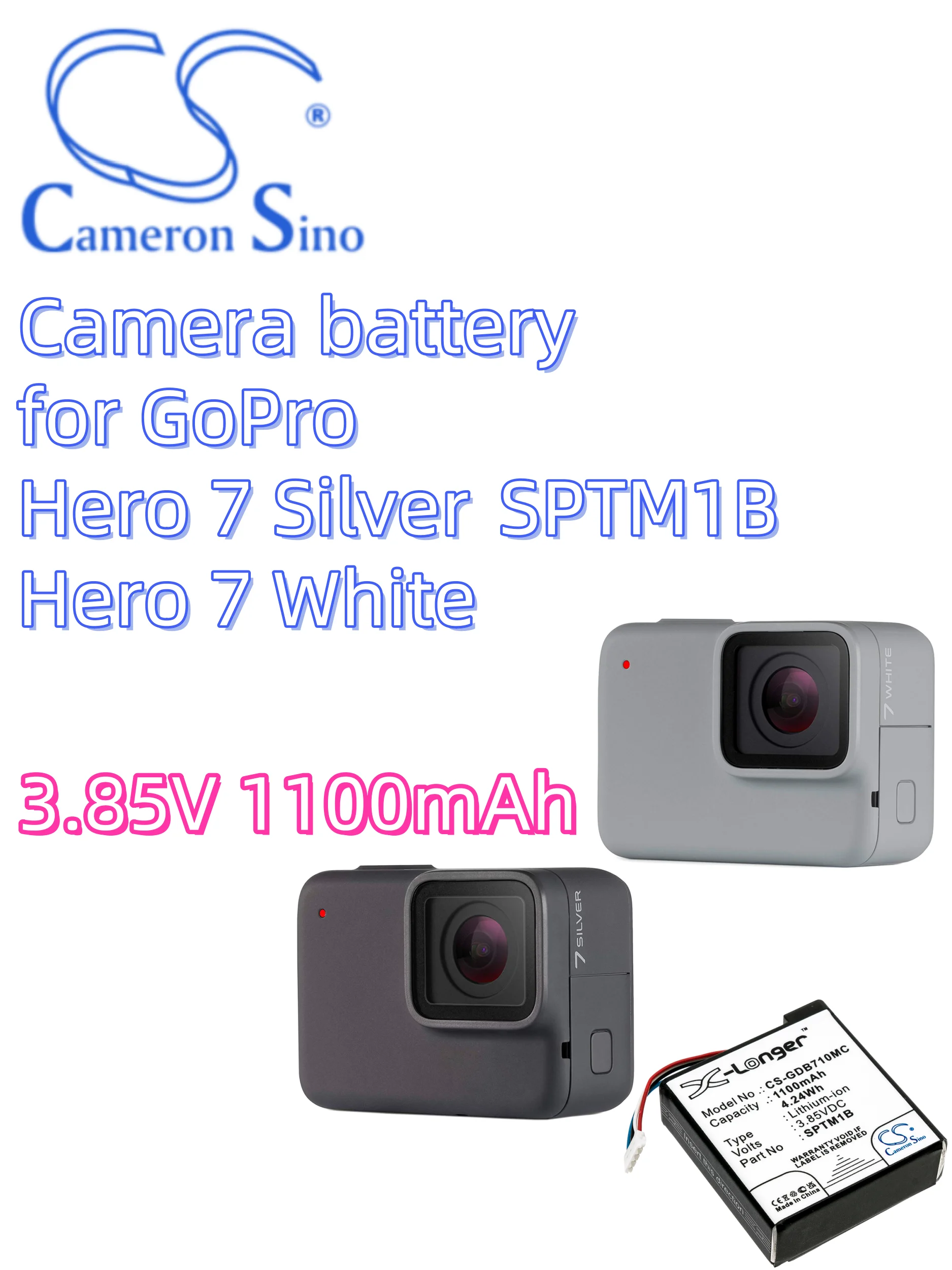 

battery Cameron Sino Camera 3.85V 1100mAh for Gopro Hero 7 Silver Hero 7 White SPTM1B CS-GDB710MC