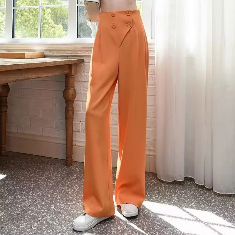 

Suit Wide-Leg Pants Women's High Waist Spring Summer New Orange Straight Drape High Sense Slim Chiffon Casual pants Female