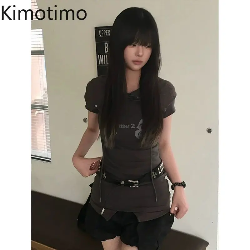 Kimotimo American Retro Letter Print Short Sleeve T-shirt Women Big Lapel Drawstring Slim Waist Tops Y2k Aesthetic Harajuku Tees