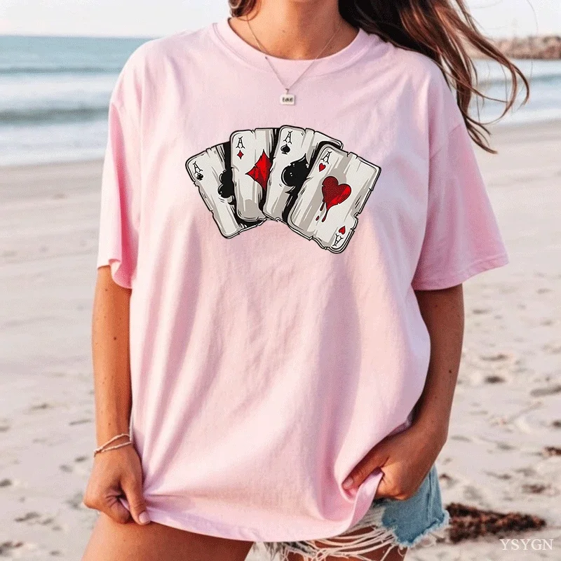 Ladies Short Sleeve Tee Vintage Four Aces Poker Cards Graphic Print Crew Neck Retro Street Style Loose T Shirt Daily Casual Tops