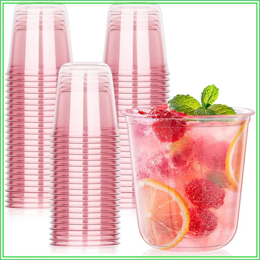 50 Pink Plastic Cups 12oz Disposable Stemless Wine Glasses for Party Cocktail Wedding Valentine's Day