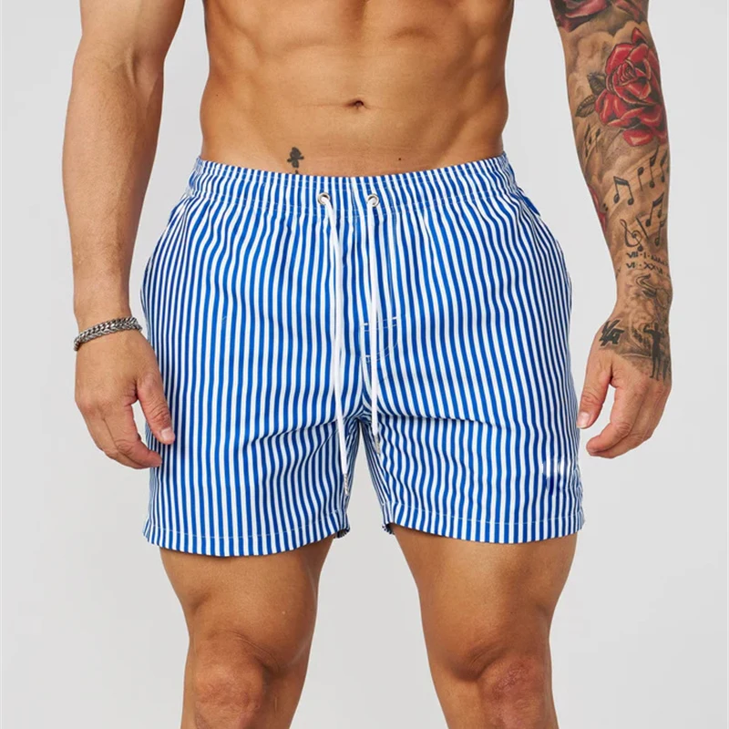 

Simple Fine Line Stripes Pattern Men Beach Short Beach Casual Quick Dry Drawstring Board Shorts Summer Daily Sport Swim Trunk