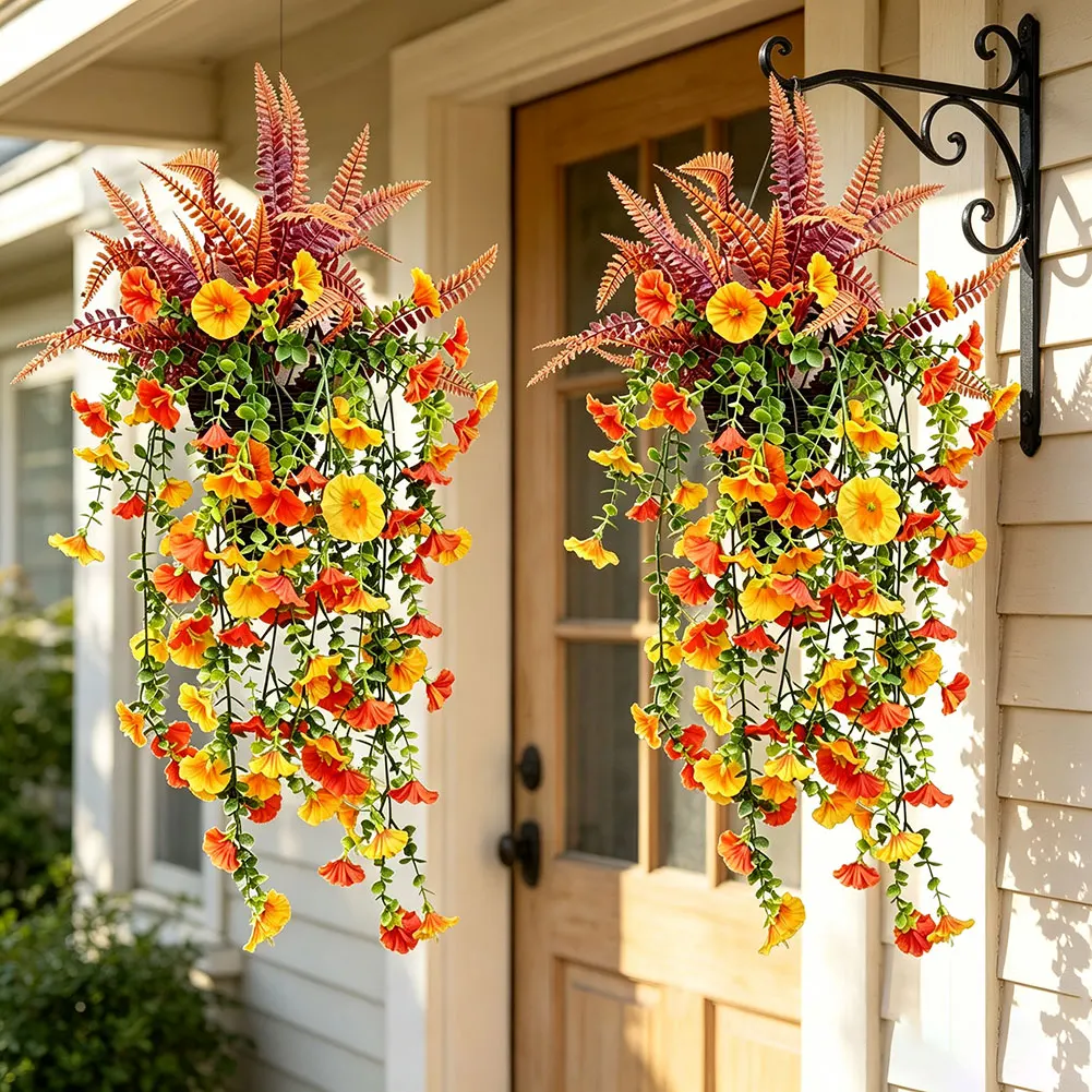 2 Pack 78cm Artificial Garland Silk Morning Glory Vine Orange Red Yellow Faux Flower String For Thanksgiving Halloween Home Deco