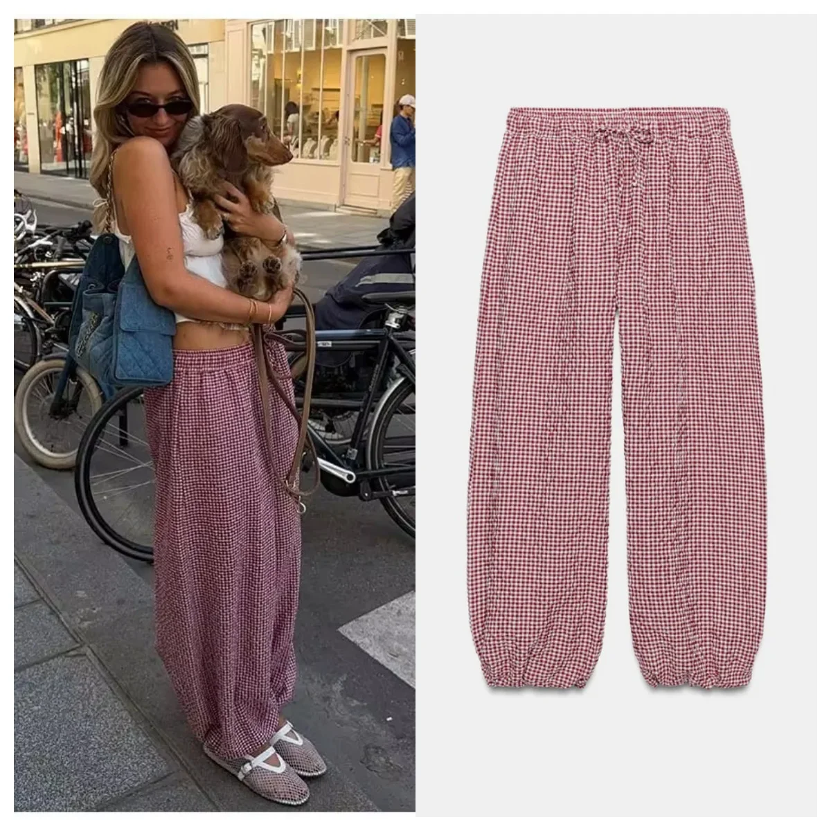 Guobioziy Women's Red Plaid Long Pants 2026 Summer New Style Multi-Color Drawstring Lantern Pants Beach Vacation Casual Fashion