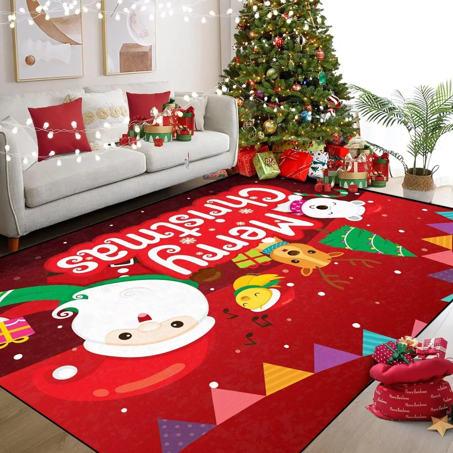 Merry Christmas Rug Extra Large Area Rug for Living Room Bedroom Office Non-Slip Washable Santa Claus Tree Reindeer Bear Bird