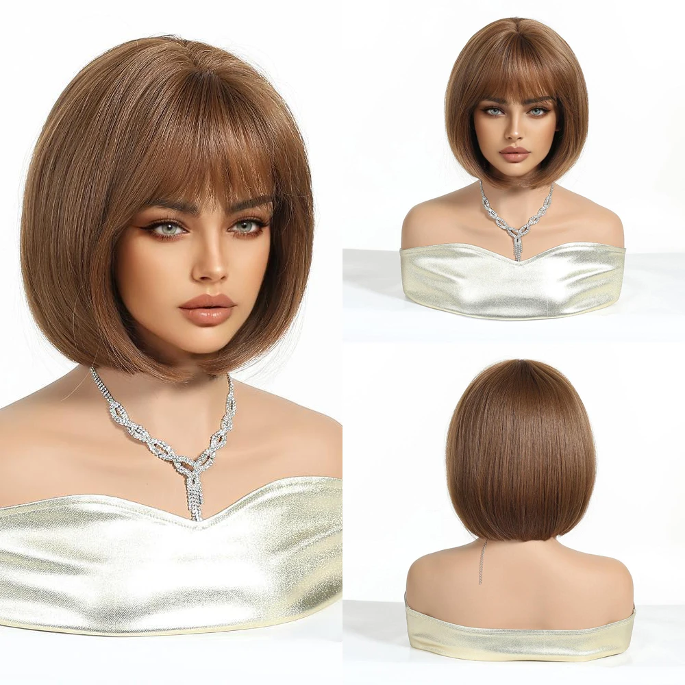 วิกผมบ๊อบสั้นตรงแบบสังเคราะห์คุณภาพสูง ขนาด 10 นิ้ว พร้อมหน้าม้า ทนความร้อนได้ดี เหมาะสำหรับผู้หญิง ใช้ได้ทุกวันและงานปาร์ตี้