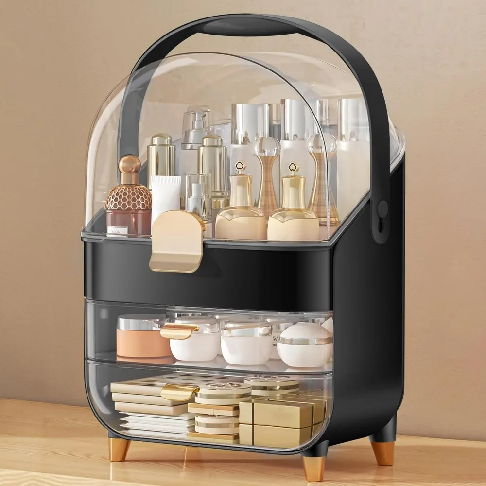 

3-Tier Transparent Makeup Organizer with Drawer, Skincare Storage Box for Vanity and Bathroom, Non-Slip Design in Black