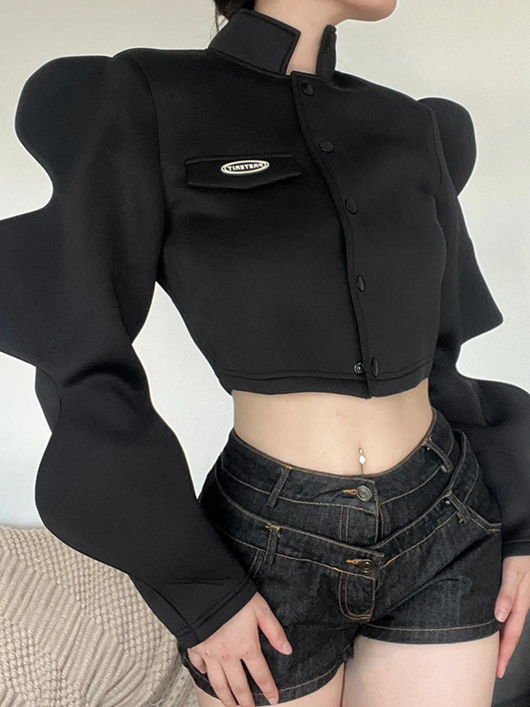 Cutenew Solid Black Autumn Winter Women Jacket Fashion Stand-up Collar Single-Breasted Lantern Sleeve Female Coat Streetwear