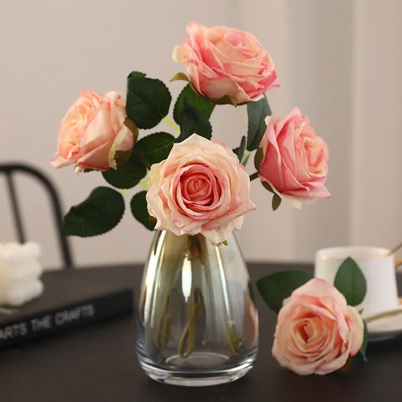 Autumn Luxury Artificial Flower Rose Branch 28cm Burned Edge Silk Faux Flower Home Garden Table DIY Party Wedding Decoration