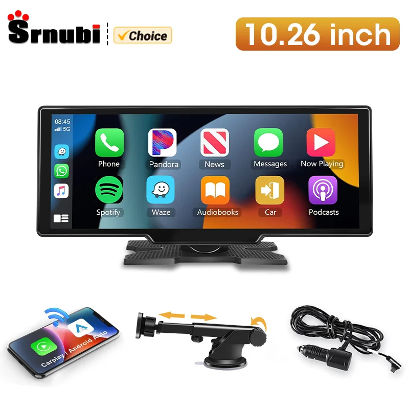 

Srnubi 10.26 Inch Wireless Carplay Android Auto Screen Portable Car Stereo with 1080P Rear Camera Dual BT FM AUX for Ford Toyota