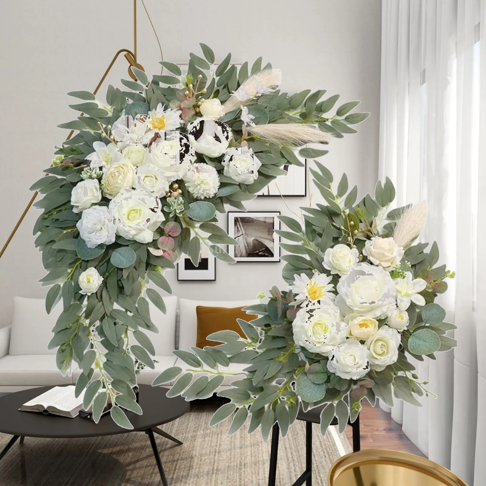 White Rose Wedding Aisle Garland Foam Flowers with Straps for Chair Decor Artificial Arrangement for Ceremony Reception