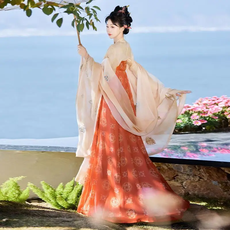 2025 Hanfu 드레스 여성 중국어 빈티지 그린 블루 오렌지 Hanfu 드레스 여성 무대 코스프레 의상 파티 복장 댄스 드레스