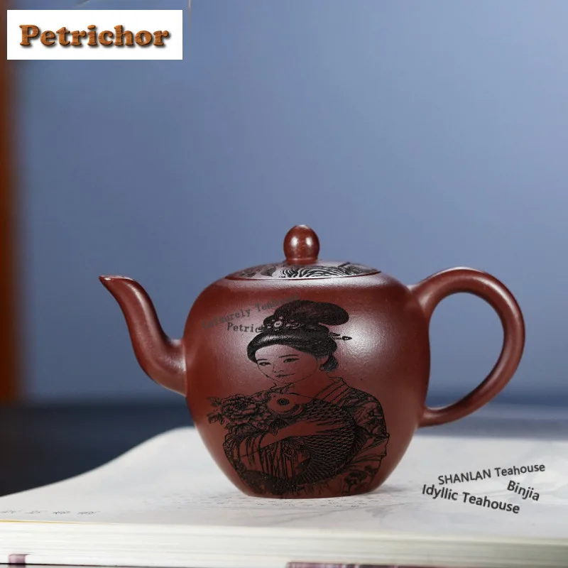 220ml Yixing Purple Clay Teapot Famous Artists Handmade Beauty Shoulder Pot Raw Ore Purple Mud Kettle With Strainer Zisha Teaset