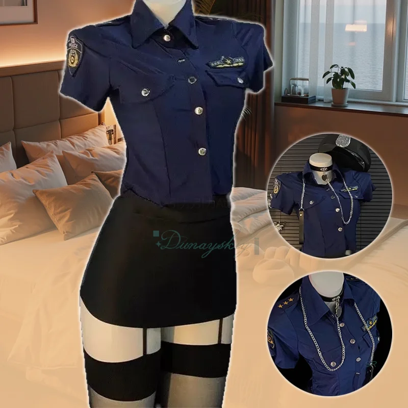 

Women's Police Officer & Airline Stewardess Uniform Set Collar Skirt Shirt Black Silk Strappy Socks Halloween