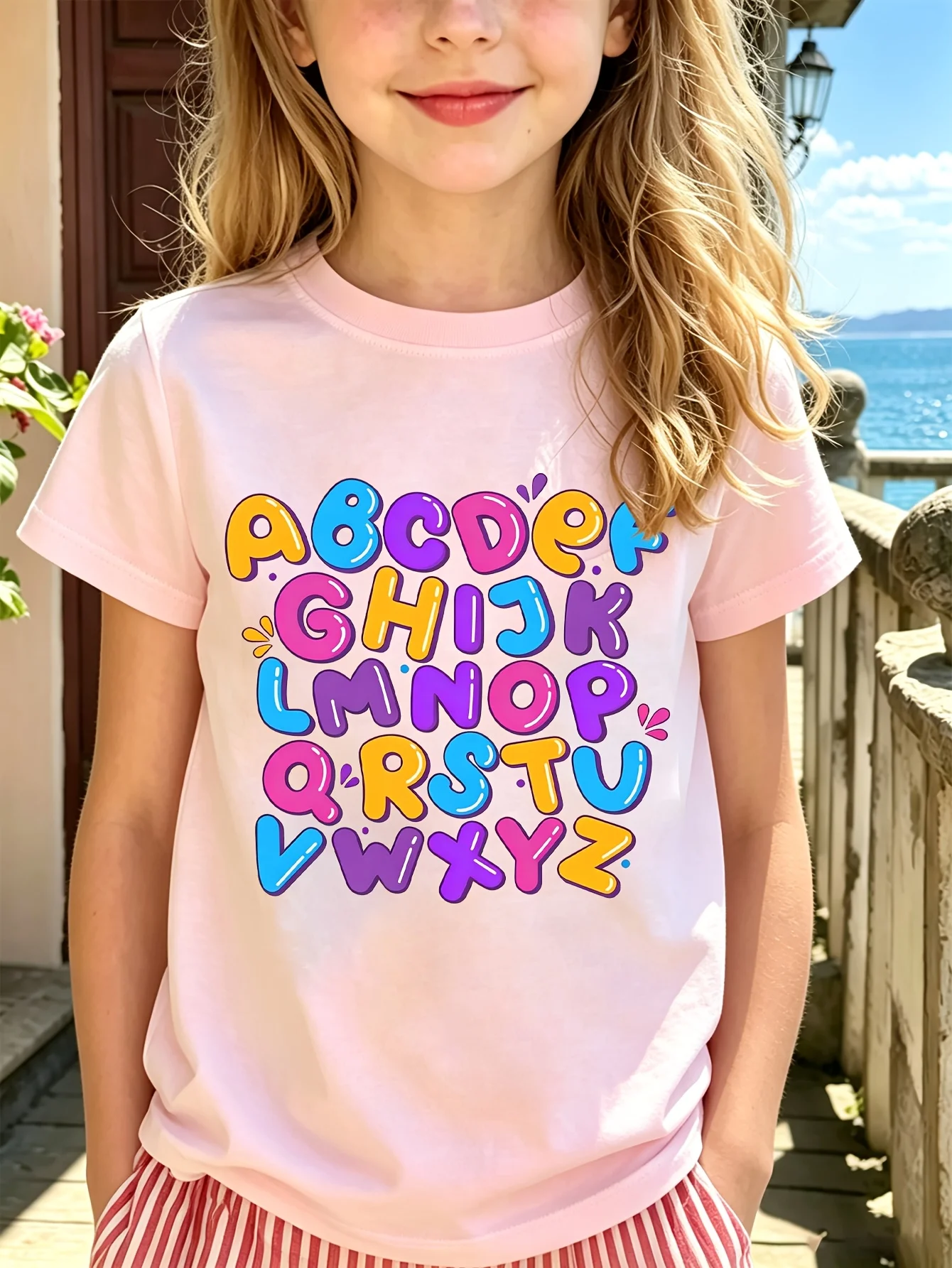 Colorful Full Alphabet ABC Bubble Letter Graphic Family Matching T Shirt Boys Girls Short Sleeve Summer Crew Neck Casual Tops