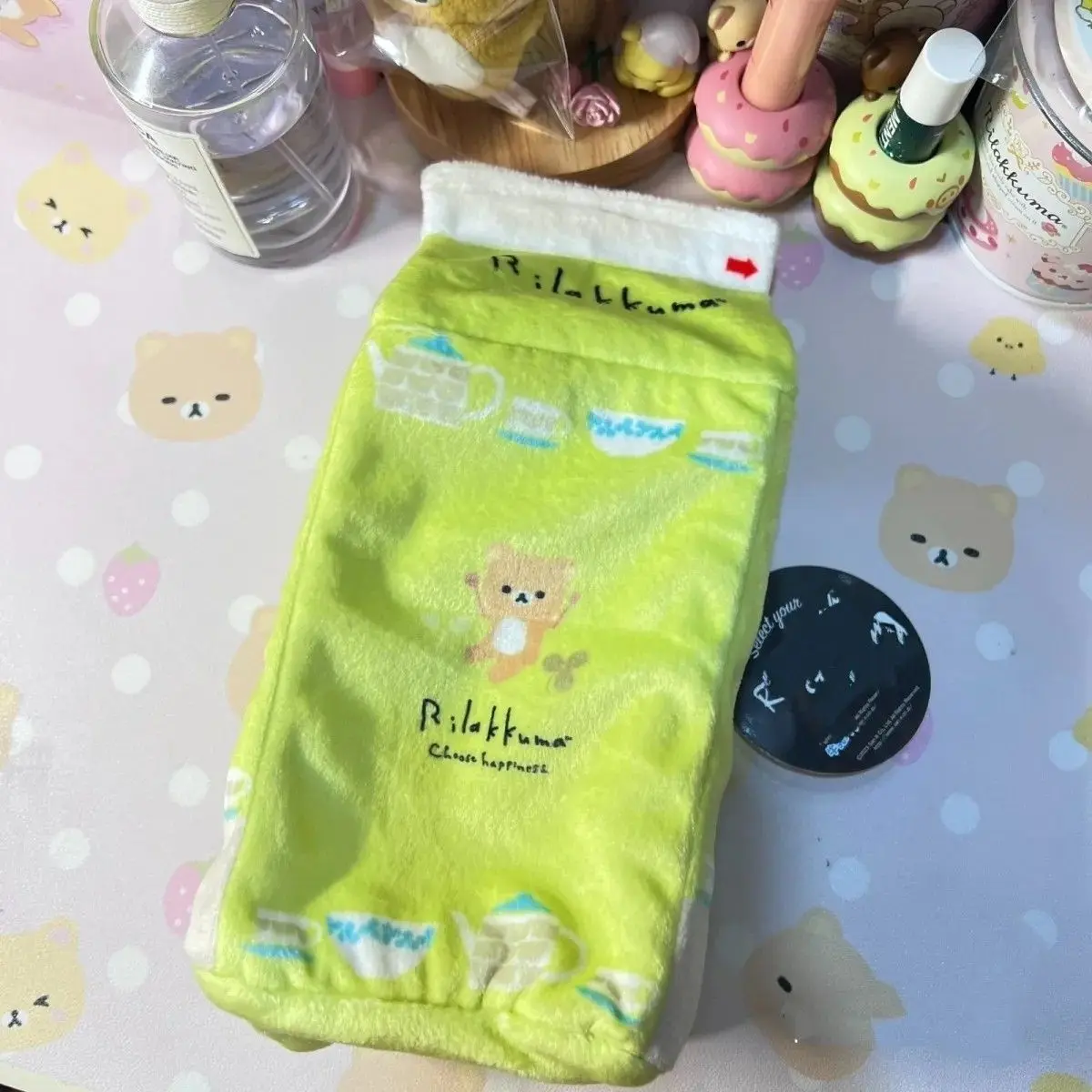 Rilakkuma Green Milk Box Plush Zipper Pencil Case Stationery Pouch Makeup Desktop Brush Storage Bag Large Capacity Student Gift