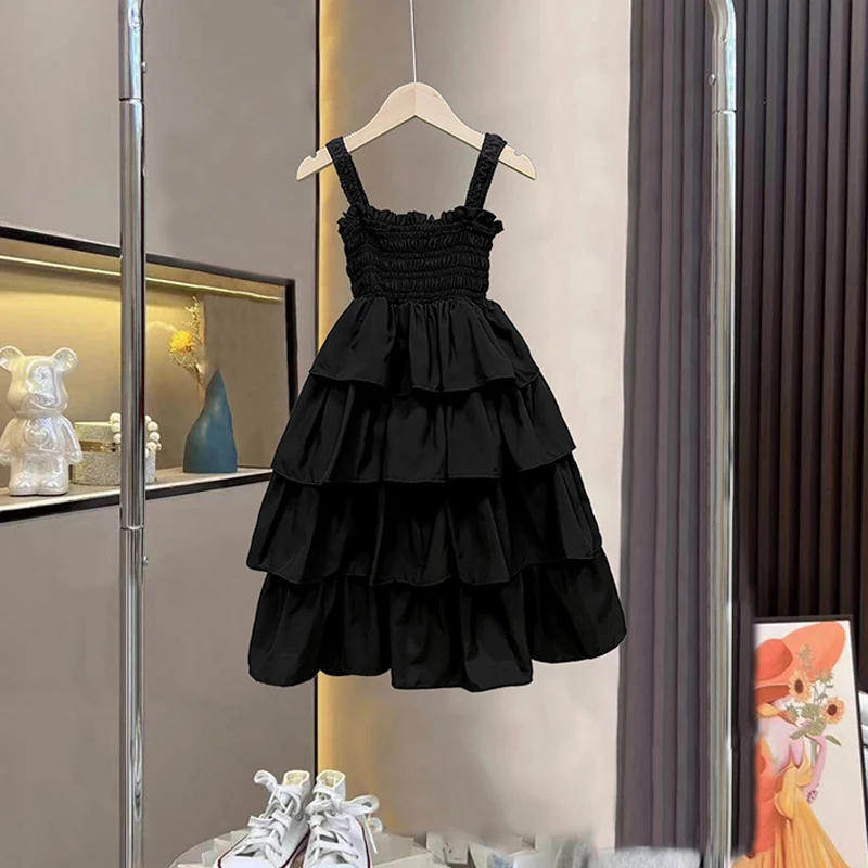 Summer Girls Tiered Skirt Solid Color Long Style Suspenders Princess Dress For 5 6 8 10 12 Years Kids Daily Wear Vestidos Dress