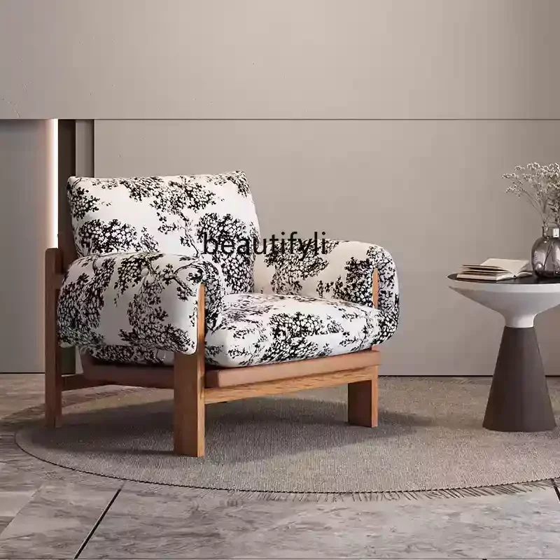 

French solid wood armrest sofa chair designer flannel single leisure chair