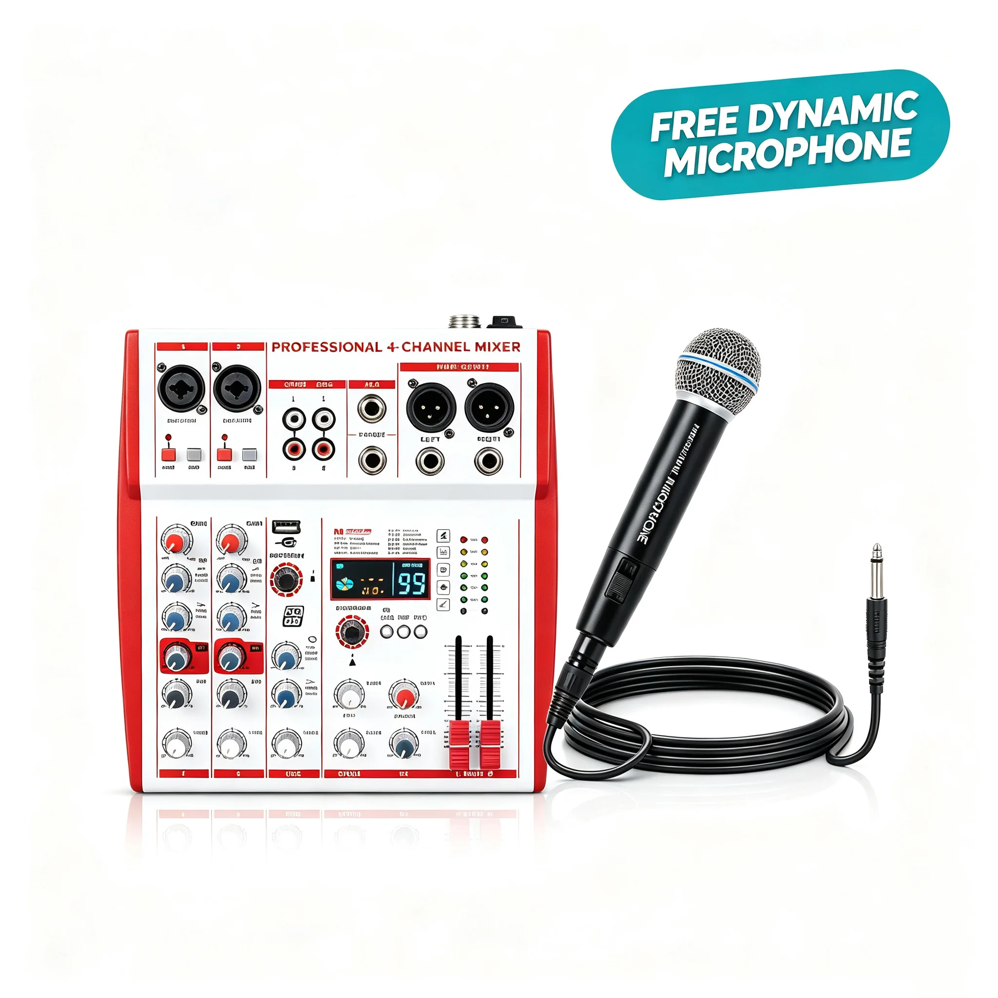 NXG 4-Channel Professional Audio Mixer | Comes with a Wired Dynamic Microphone, Bluetooth USB DJ Effects, 99 Mixing Controls, Suitable for Live Streaming, Karaoke, Studio Recording, Plug-and-Play Combo Set, Black Friday/Halloween Promo Set