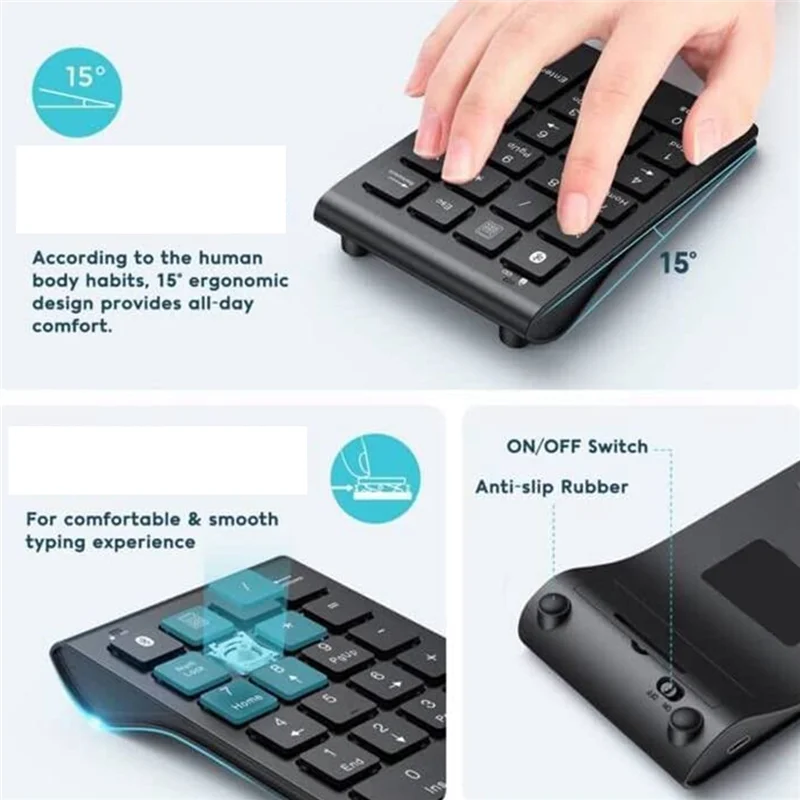 لوحة مفاتيح أرقام بلوتوث لاسلكية، 22 مفتاحًا لوحة رقمية رفيعة محمولة للكمبيوتر المحمول والكمبيوتر الشخصي وسطح المكتب والكمبيوتر المحمول