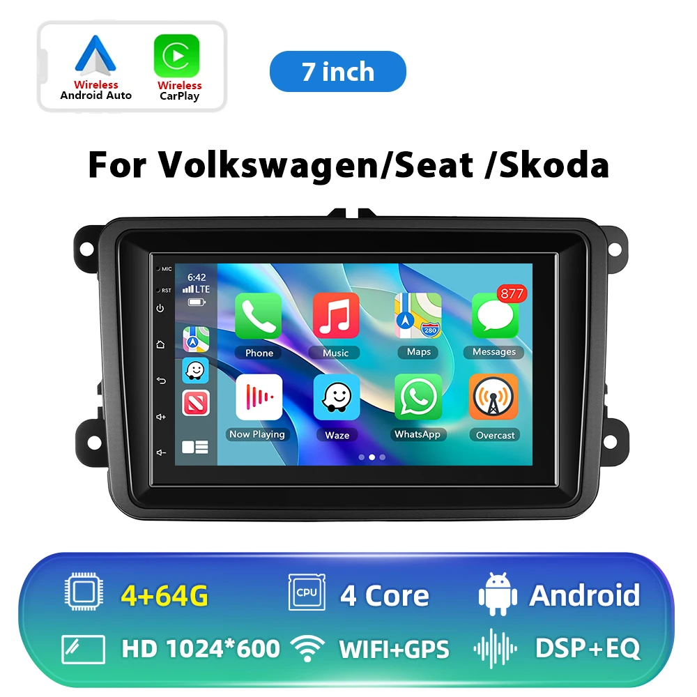 Podofo 6+128G Android 2Din autoradio met Carplay, Android Auto, GPS, FM-ontvanger, AI-stem, DSP voor VW, Seat, Skoda, PASSAT, GOLF