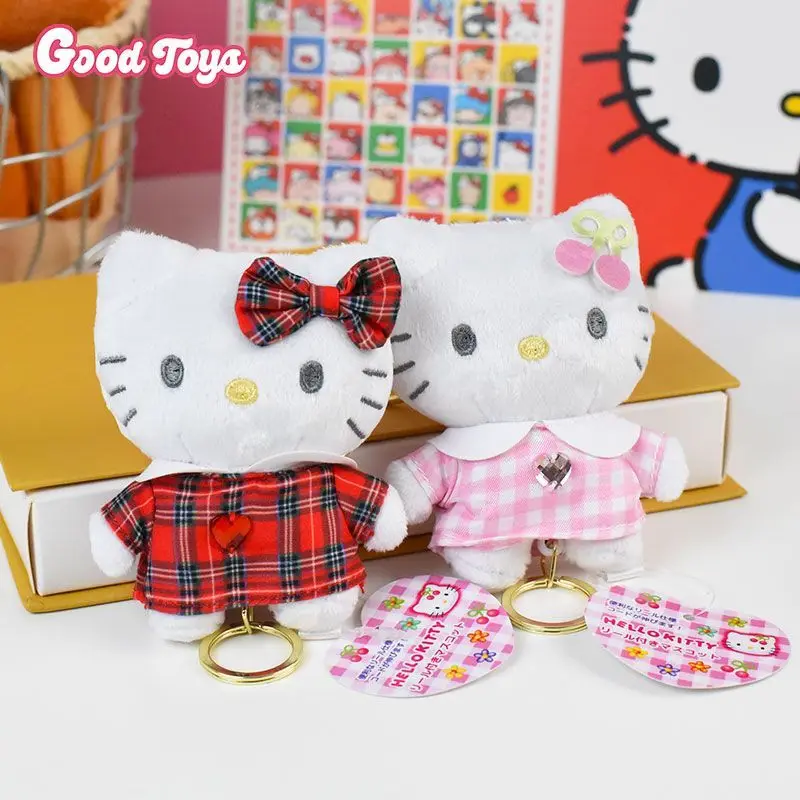 Sanrio Hello Kitty Cross-Dressing Plaid Dress Metal Keyring Plush Doll Keychain Desktop Trinkets Car Interior Decoration Gift