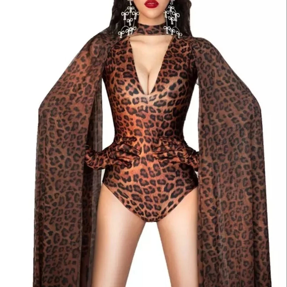 

Glove Shawl Printed Birthday Party Festival Outfit Leopard Pattern Hollow Bodysuit Women Singer Dancer Performance Stage Costume