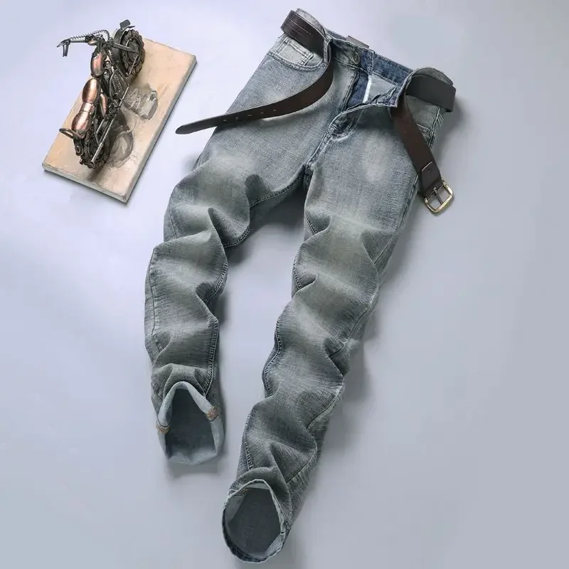 Pantalones vaqueros de algodón elásticos Vintage para hombre, pantalones vaqueros de lavado informales a la moda, rectos y ajustados, pantalones masculinos de alta calidad