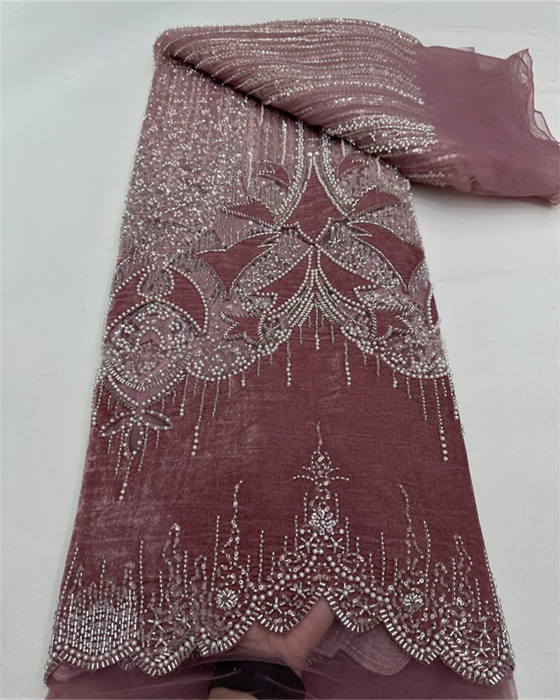 아프리칸 레드 벨벳 비즈 레이스 튤 원단 2025 고품질 비즈 프랑스 스팽글 자수 레이스 원단 (바느질용)
