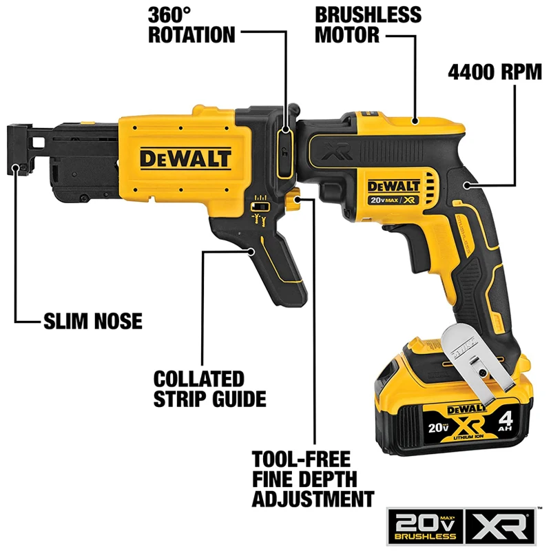 DEWALT DCF620 DCF6202  20V Drywall Screw Gun Collated Attachment Crushless Chain Nail Gun Plasterboard Electric Screwdriver