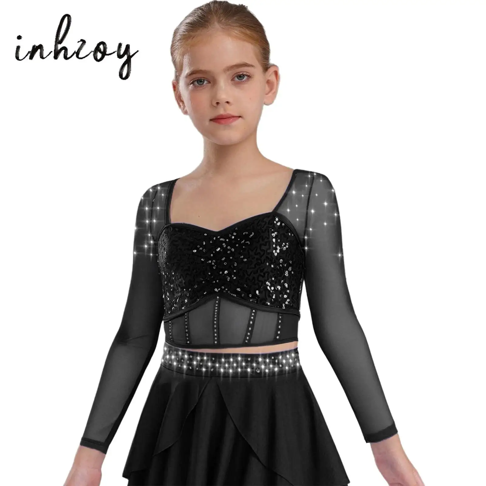 

Kids Girls Jazz Ballet Dance Performance Costume Sheer Mesh Patchwork Sweetheart Neck Long Sleeve Sequins Rhinestones Crop Top