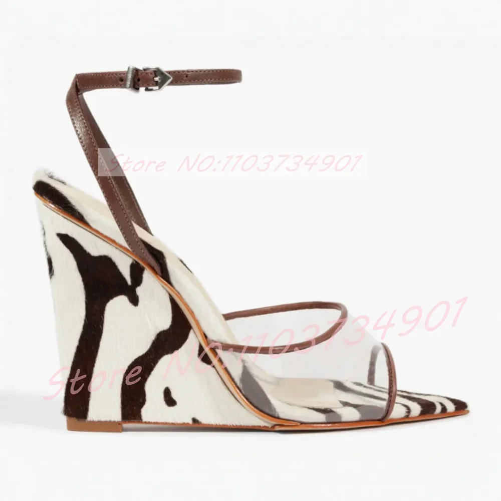 Zebra-Print Horsehair Wedge Sandals Women Ankle Strap Clear Open Pointed-toe High Heels Sandals Lady Event Party Splicing Shoes view 3