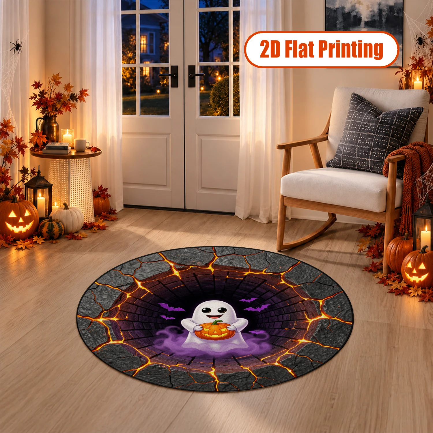 Halloween Ghost Pumpkin Bat Crack Print Round Velvet Rug Machine Washable for Living Room Bedroom Entryway Halloween Thanksgiving Christmas New Year Black Friday Cyber Monday